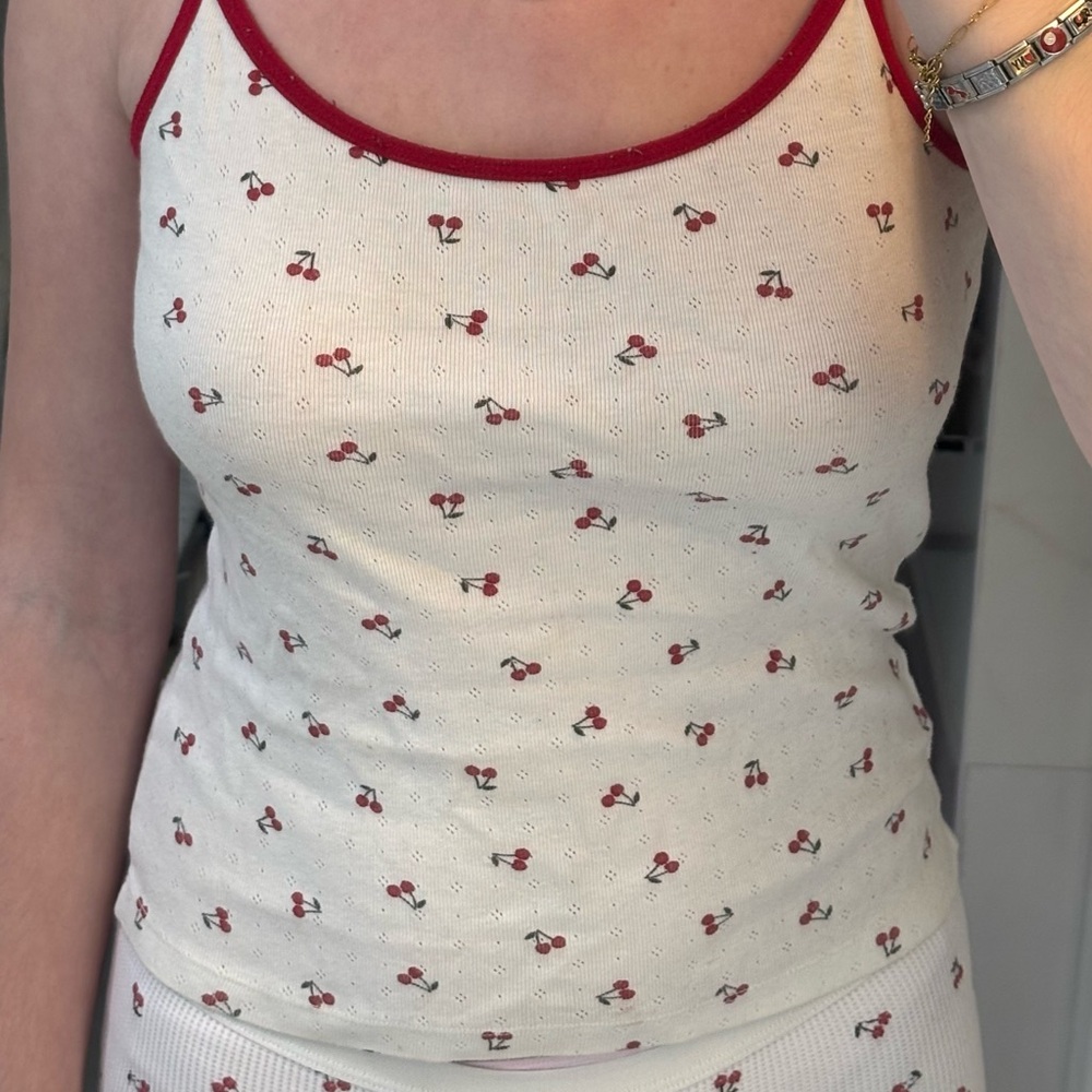 Brandy Melville Cream Cherry-Print Ribbed Cami with Red Trim